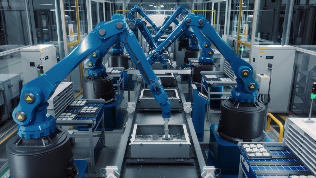 Robotic arms on a modern automated production line