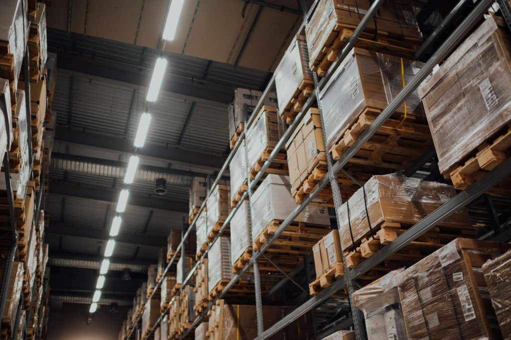 Warehouse racking stocked with boxes