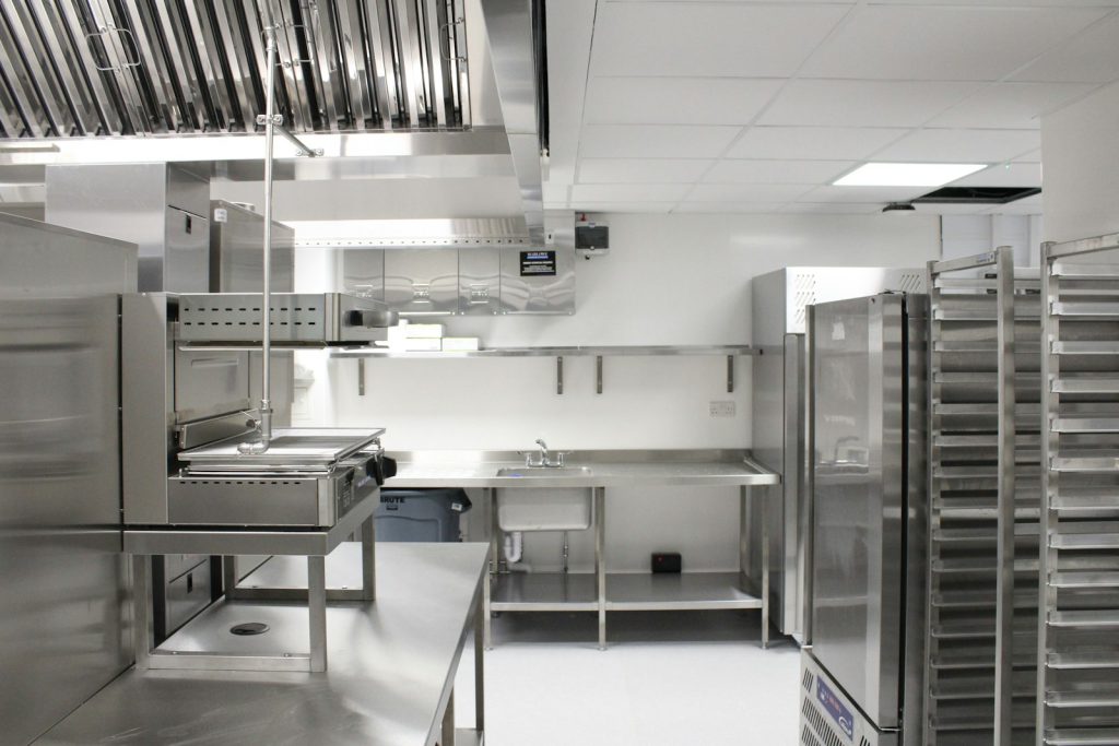 Stainless steel equipment in a commercial kitchen