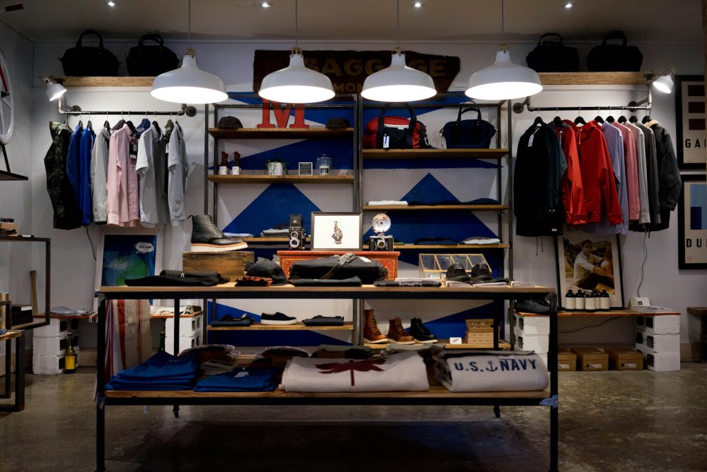 Shop interior with shelving, display units and lighting