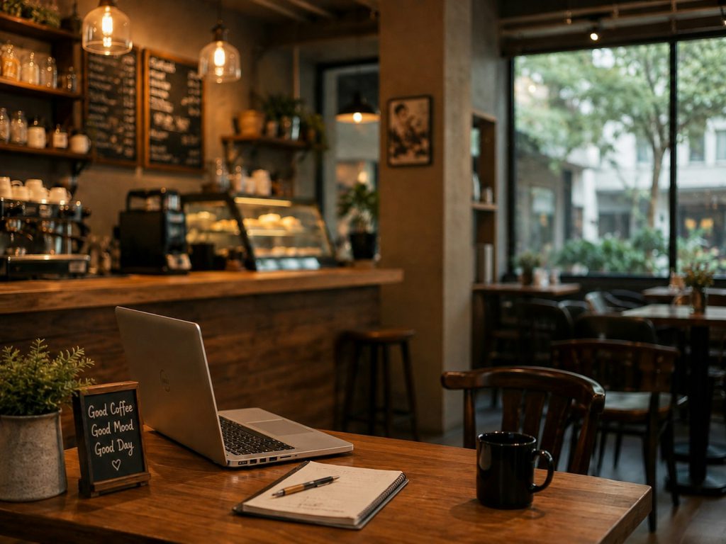 Café table with a laptop and notebook