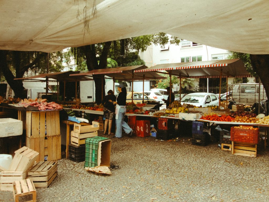 Fresh produce and crates at a market